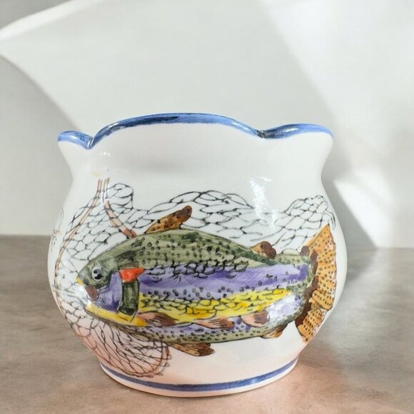 Ceramic Bowl Other - Vintage Ceramic Dish Bowl Flower Pot Container With Fish Trout Design Wavy Edges